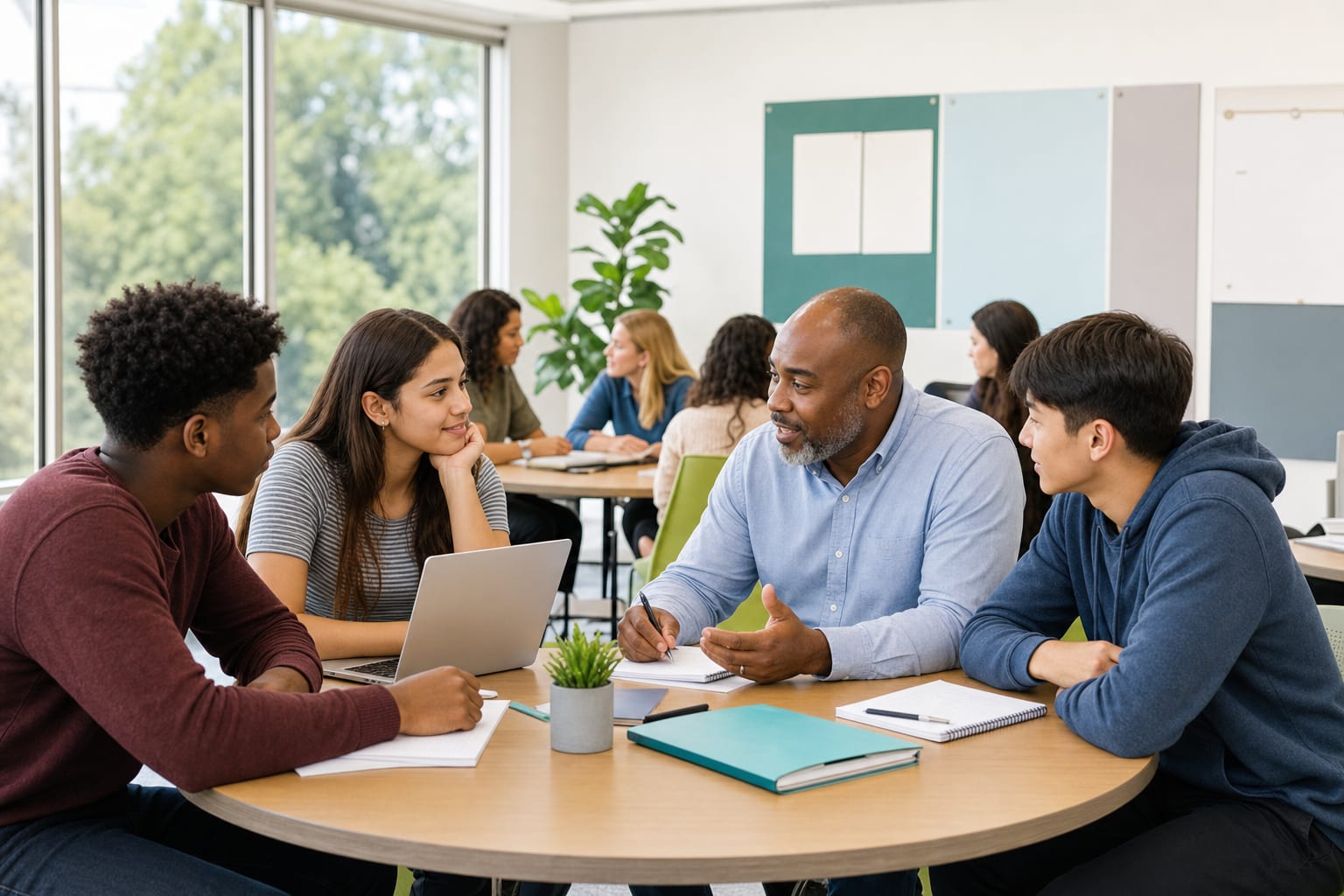 Students and mentors in a small group coaching conversation